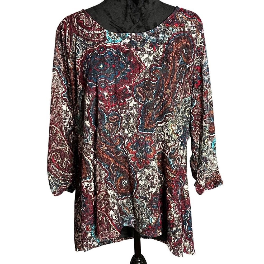 Kim Rogers Womens Blouse 2X Multicolor Paisley‎ 3/4 Sleeve Scoop Neck Tunic